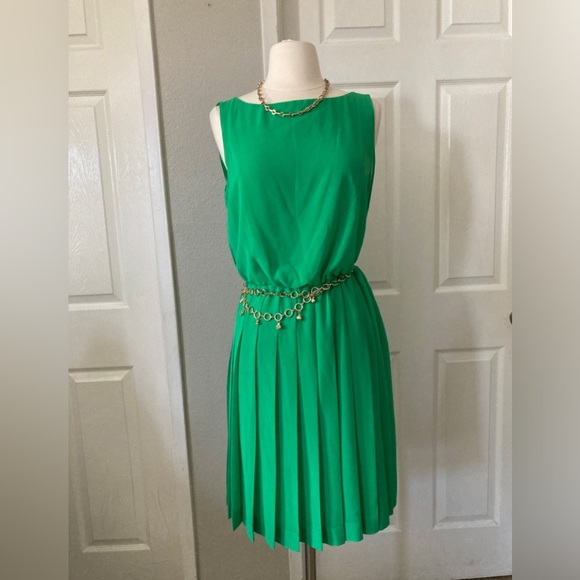 VINTAGE Ralph Lauren Green Pleated Chiffon Dress Size 10 - Picture 1 of 12